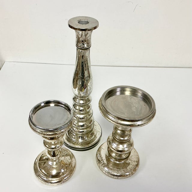 1990s Vintage Boho Chic Modern West Elm Attributed Mercury Glass Candleholders - Set of 3. For Sale - Image 10 of 12