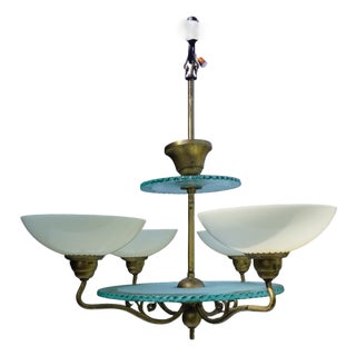 Swedish Grace Brass Chandelier with Glass Discs by Harald Notini for Böhlmarks Sweden, 1930s For Sale
