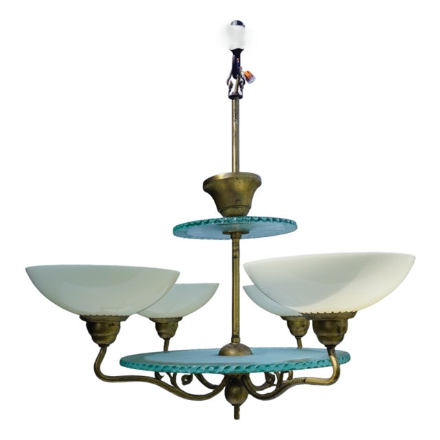 Swedish Grace Brass Chandelier with Glass Discs by Harald Notini for Böhlmarks Sweden, 1930s For Sale