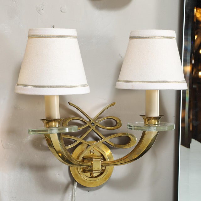 1940s Pair of Art Deco Jules Leleu Polished Brass & Glass Ribbon Sconces For Sale - Image 5 of 12