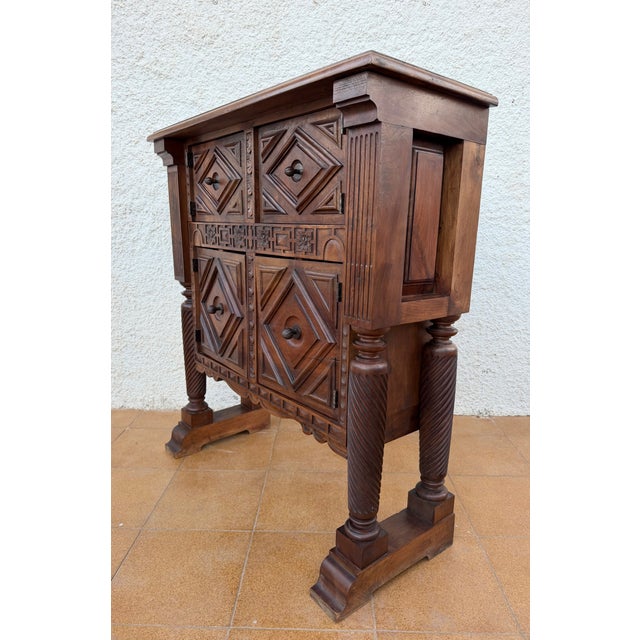 Early 20th Century Rare Spanish Carved Walnut Sideboard With Geometric Panels and Spiral Columns For Sale - Image 10 of 15