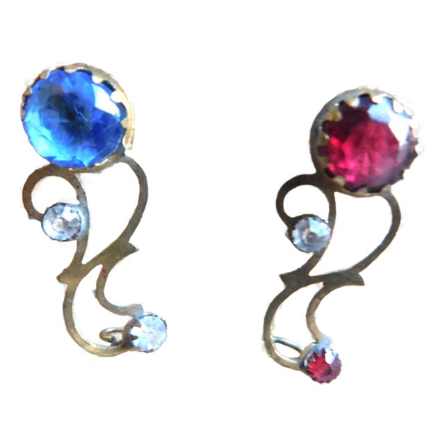 Antique Pair of 10k Gold Art Nouveau Red and Blue Pins, England For Sale