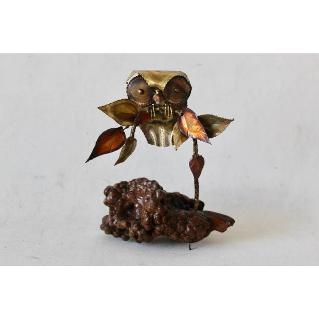 Mid-Century Modern Brutalist Metal Owl Burl Wood Base Sculpture in the style of Curtis Jere