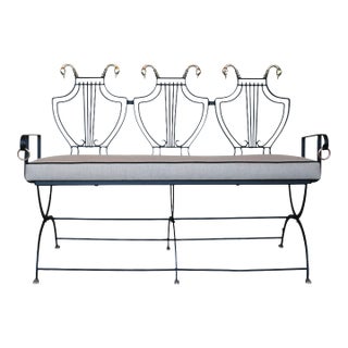 1950s Iron Lyre Back Settee With Brass Swan Heads & Paw Feet by Samuel Copelon For Sale