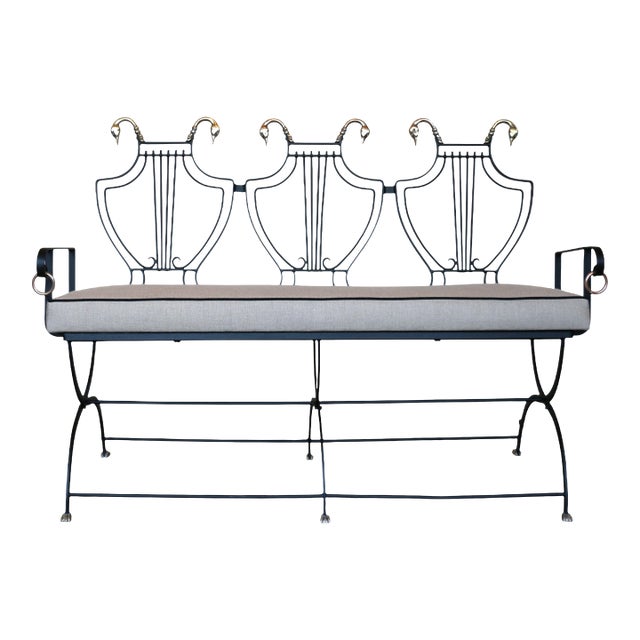 1950s Iron Lyre Back Settee With Brass Swan Heads & Paw Feet by Samuel Copelon For Sale