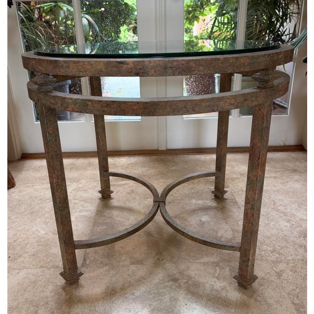 Stunning 30”diameter x 26”H Custom Dennis & Leen Roman Table. 27-3/8”dia x 1/2”thick polished glass inset in double half-...
