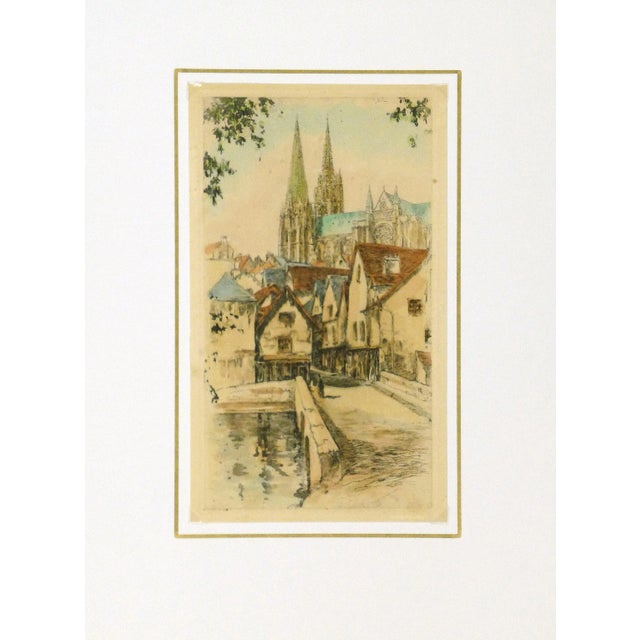 Traditional Antique Aquatint Etching - Rue De La Porte Guillaume and the Chartes Cathedral , C. 1900 For Sale - Image 3 of 4