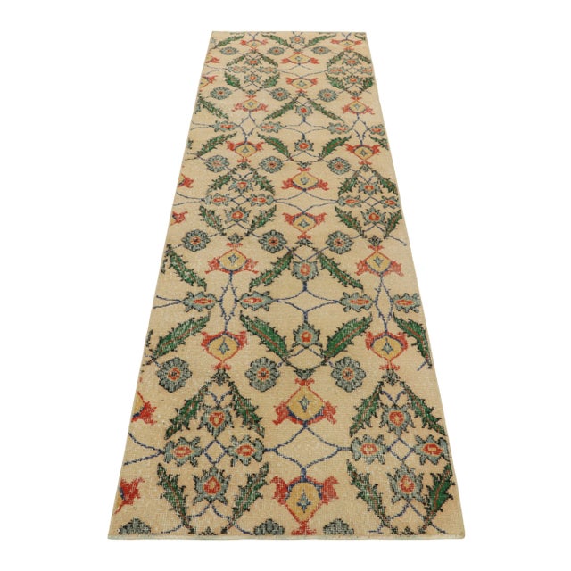 1950s Vintage Zeki Müren Runner Rug in Beige With Polychromatic Floral Patterns | Rug & Kilim For Sale - Image 5 of 7