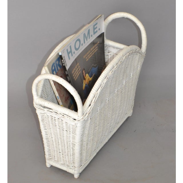 Wood Bohemian Chic White Bleached Magazine Rack Handwoven Wicker & Rattan 1970 For Sale - Image 7 of 13