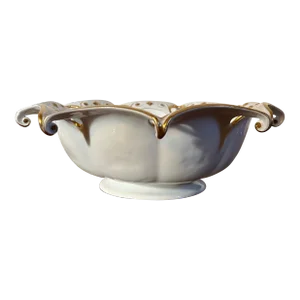 Antique 19th Century Paris Porcelain Centerpiece Fruit Bowl in White & Gold