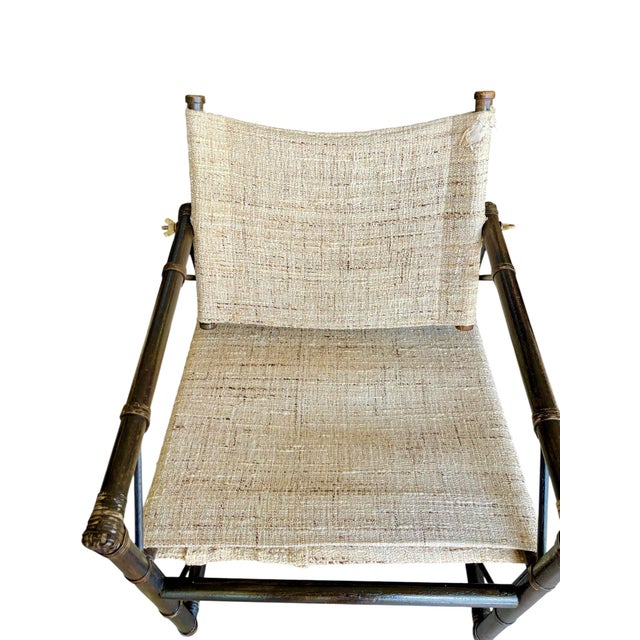 McGuire Attributed to Forbes for McGuire Vintage Campaign Safari Lounge Chairs in Woven Silk & Wood – Pair For Sale - Image 4 of 18