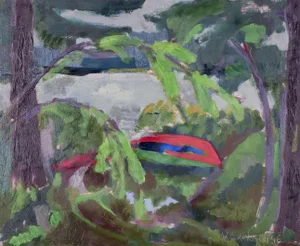 V, Axelsson, View of a Forest and Lake, 1946, Oil Painting