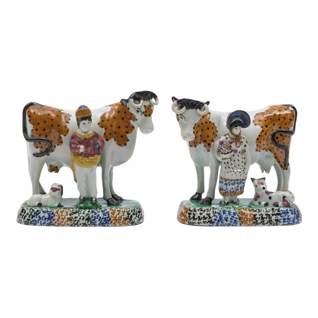Yorkshire Prattware Figures of Cows With Attendants For Sale