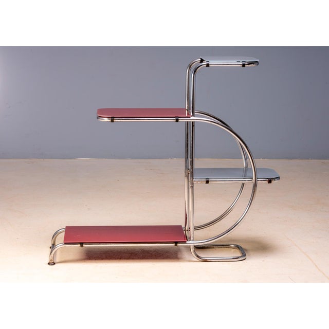20th Century Bauhaus Tubular Steel Plant Stand with Colored Glass Shelves by Emile Guyot, Czechoslovakia, 1930 For Sale - Image 4 of 7