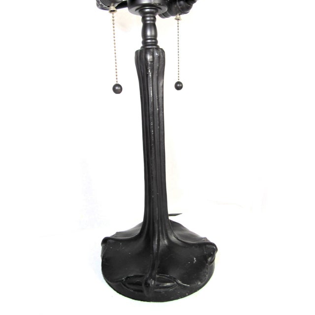 Art Nouveau Vintage Tiffany Style Iron Bronze Lamp With Shade For Sale - Image 3 of 16