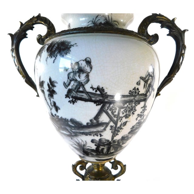 Mid Century Black & White Porcelain Bronze & Marble Pedestal Urn Vase For Sale - Image 9 of 12