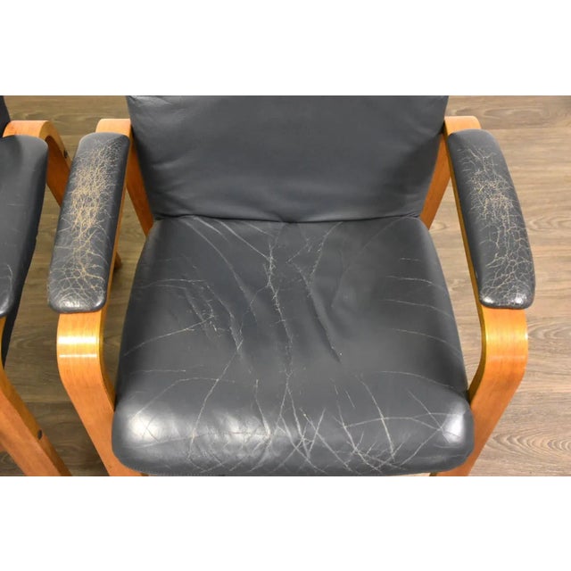 Wood Ekornes Blue Leather and Teak Lounge Chairs - a Pair For Sale - Image 7 of 9