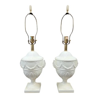 Pair of 1950s Cream White Classical Lamps For Sale