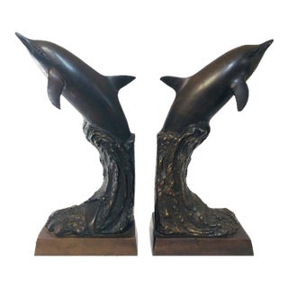Vintage Dolphins Bronze Bookends - A Pair For Sale