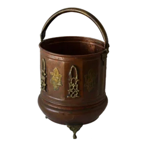 Vintage Mid Century Hand Crafted Moroccan Copper Brass Decorative Bucket Pail Planter With Handle Footed