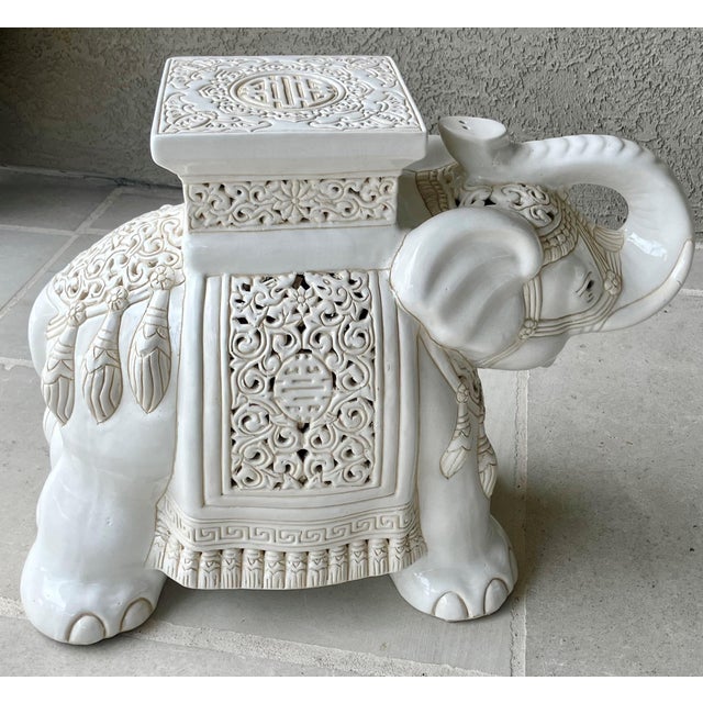 Circa 1970 Fabulous Linen-Hued Earthenware Elephant Garden Stool / Plant Stand For Sale - Image 10 of 18