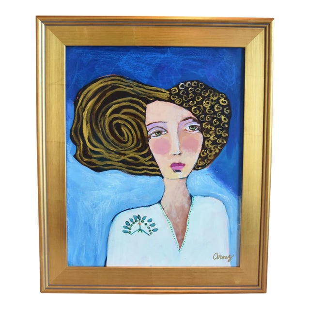 Woman Portrait Oil Painting by Ruth Arenz Including the Antiqued Gold Wood Frame For Sale