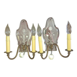 1940's Hollywood Regency Eglomise Floral Mirror Back W/ Bronze Wall Sconces a - Pair