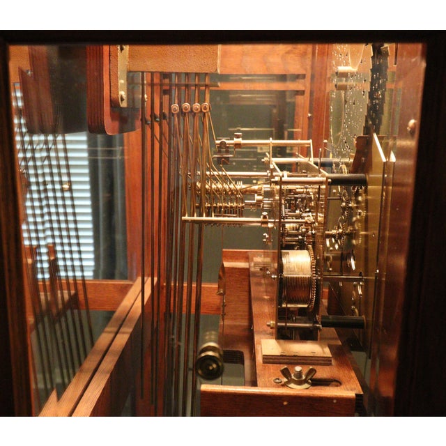 Late 20th Century Ridgeway Model 9109 Illuminated Moon Phase Triple-Chime Grandfather Clock, Oak Case, Circa 1992 For Sale - Image 5 of 18