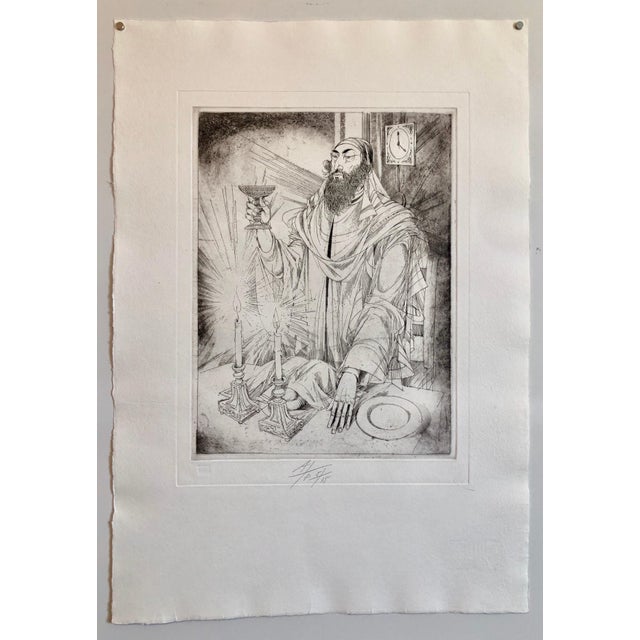 Black Janos Kass, Hungarian Modernist Judaica Etching Print Kiddush, Jewish Rabbi at Shabbat Feast, 1992 For Sale - Image 8 of 11