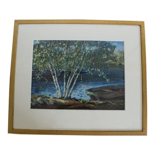 1982 "Lakeside Birches, Stockholm, NJ" Oil Pastel Drawing by John Elliot, Framed For Sale