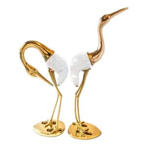 Mid 20th Century Tall Brass Crane Statues With Murano Glass Sculptures Pair