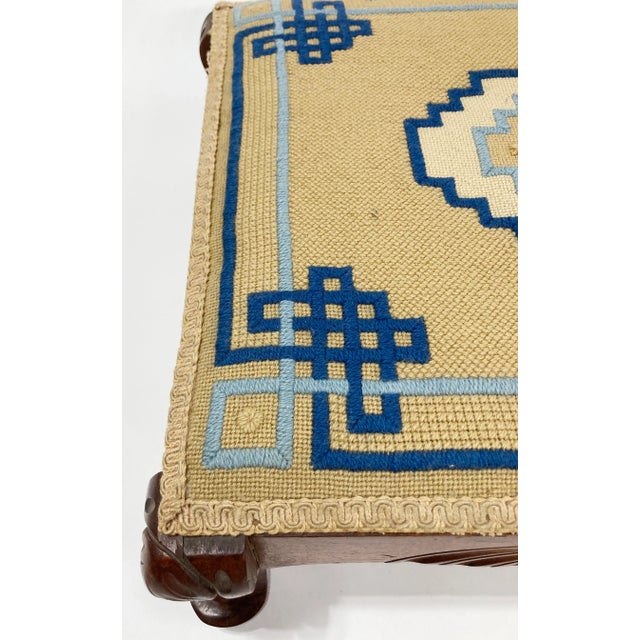 Brown Vintage Needlepoint Carved Wood Footstool For Sale - Image 8 of 9