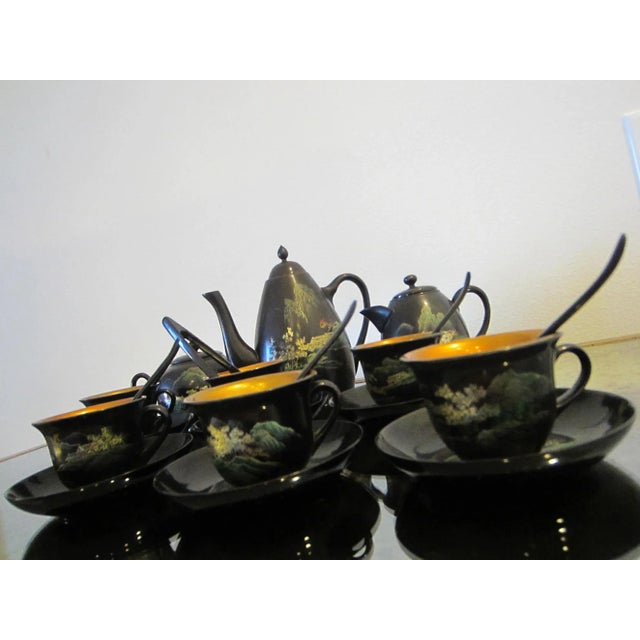 19th Century Antique Chinoiserie Black and Gold Hand Painted Lacquer Tea Set- 18 Pieces For Sale - Image 5 of 17