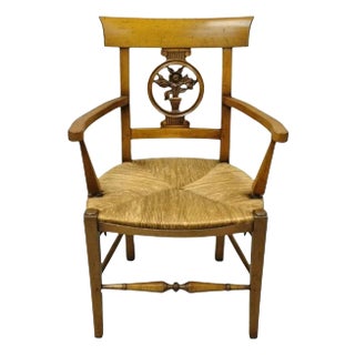 Late 20th Century Vintage French Country Cherry Wood Italian Distressed Rush Seat Dining Arm Chair For Sale
