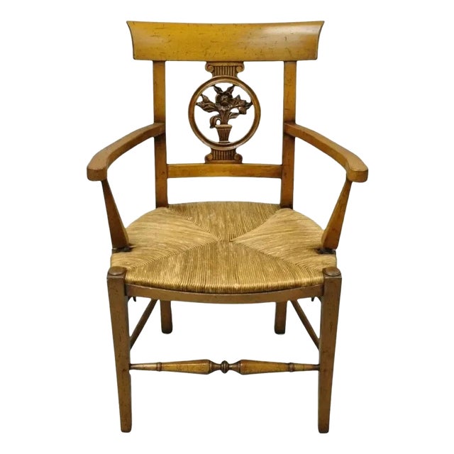 Late 20th Century Vintage French Country Cherry Wood Italian Distressed Rush Seat Dining Arm Chair For Sale