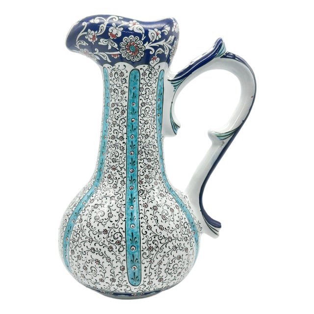 Handmade Ceramic Tall Pitcher (40cm) – Turquoise Stripes & Golden Horn Pattern – Mediterranean Decor For Sale