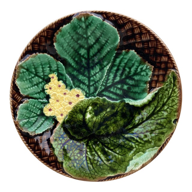 French Majolica Leaves & Yellow Flowers Plate Clairefontaine, Circa 1890 For Sale