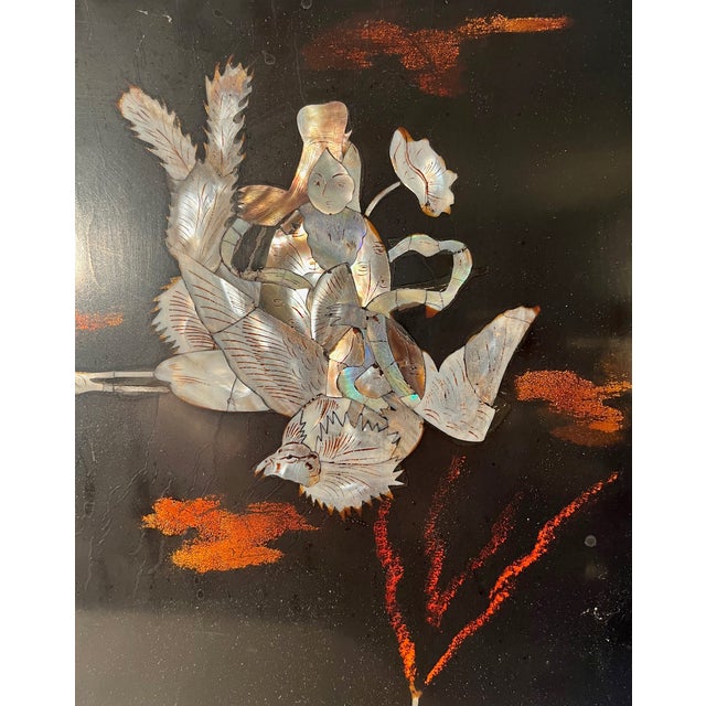 Chinoiserie Chinoiserie Asian Wall Panel Mother of Pearl Inlay Black Lacquer Classic Scene For Sale - Image 3 of 4
