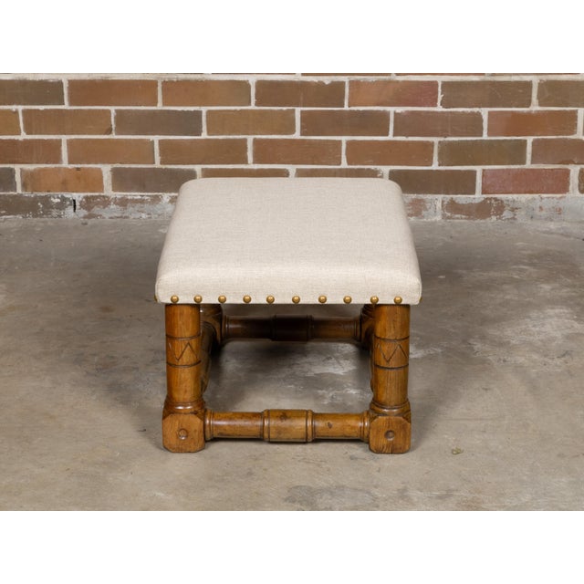 Wood English Oak 1900s Stool with Incised Accents and Custom Upholstery For Sale - Image 7 of 11