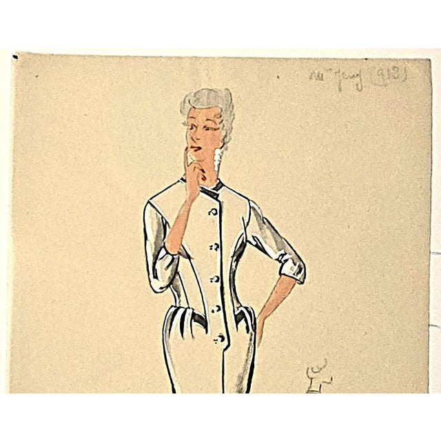Tan Rare! C1950's Set of 4 Mid-Century French Original Fashion Drawings For Sale - Image 8 of 8