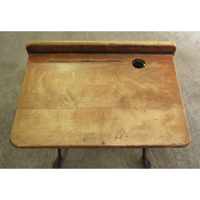 Brown Antique Oak & Iron Childrens School Row Seat & Desk Combo For Sale - Image 8 of 9