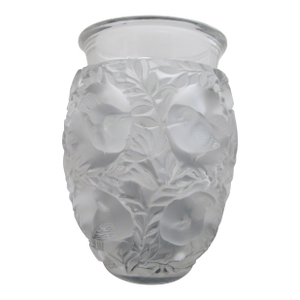 Lalique France Frosted Crystal Bagatelle Sparrow Bird Leaves Art 6 3/4" Vase