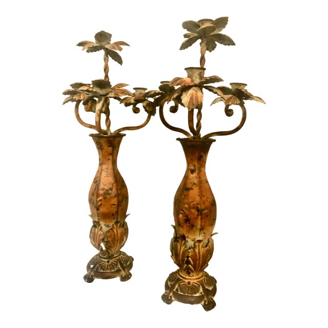 Vintage French Style Metal Tole Candle Holders, a Pair For Sale