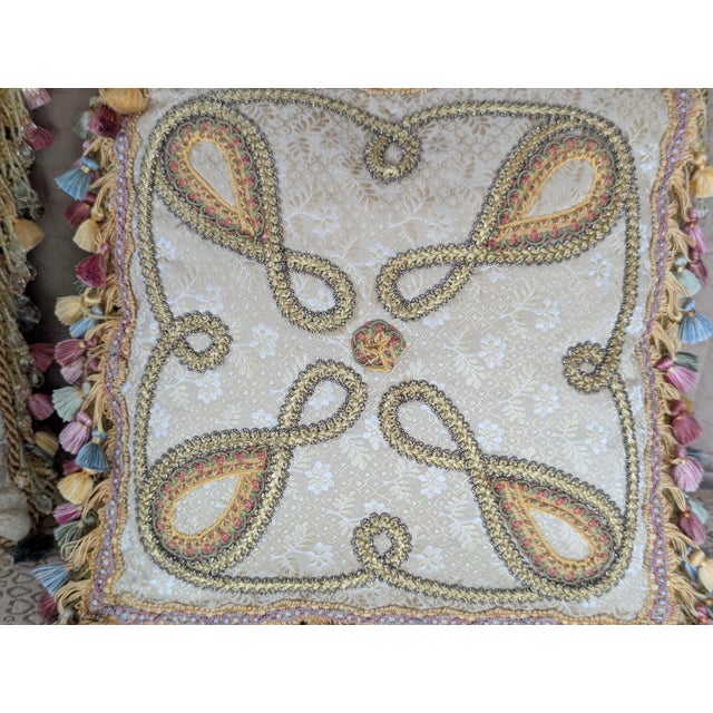 Textile Custom Scalamandre Silk Pillows With Weave Applique and Tasseled and Beaded Crystal Fringe For Sale - Image 7 of 11