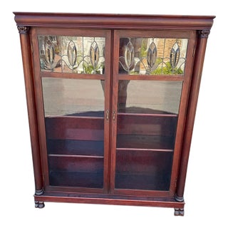 Antique Larkin 2 Door Mahogany Bookcase With Leaded Glass Doors For Sale
