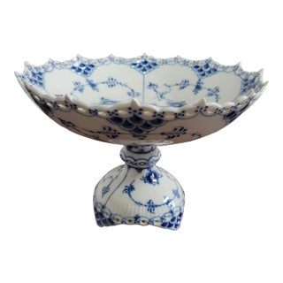 1969–73 Royal Copenhagen Blue Fluted Full Lace Porcelain Footed Compote No. 1/1020 For Sale