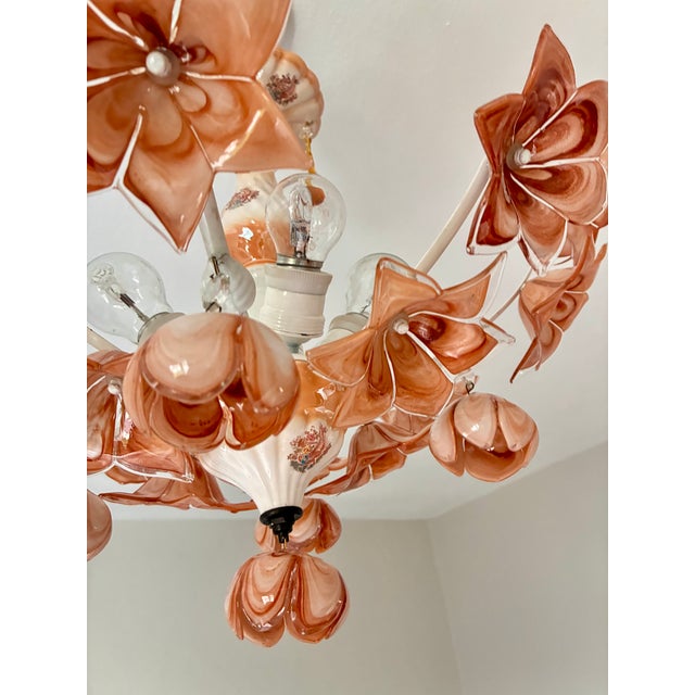 Vintage Italian Murano Style Amber Brown Floral Chandelier - Porcelain Body With Crystal Teardrops For Sale - Image 13 of 18
