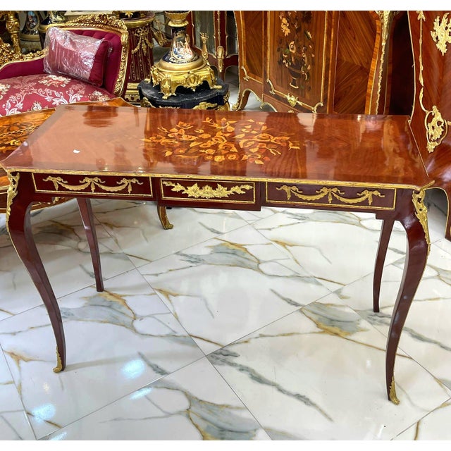 French Style Console Table or Desk – Handcrafted, Brown Finish With Gold Leaf For Sale - Image 4 of 5