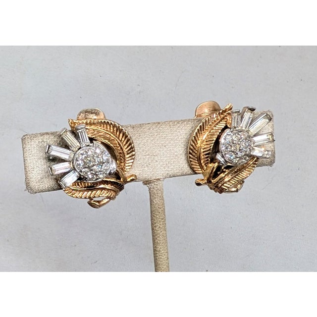 Mid-Century Modern Vintage 1954 Signed Crown Trifari Goldtone Clear Rhinestone "Thistle" Clip Earrings-2 Pieces For Sale - Image 3 of 8