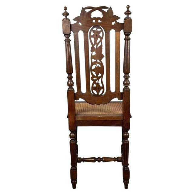Wood 19th Century Antique Oak Carved Hallway Chair with Cane Seat For Sale - Image 7 of 11